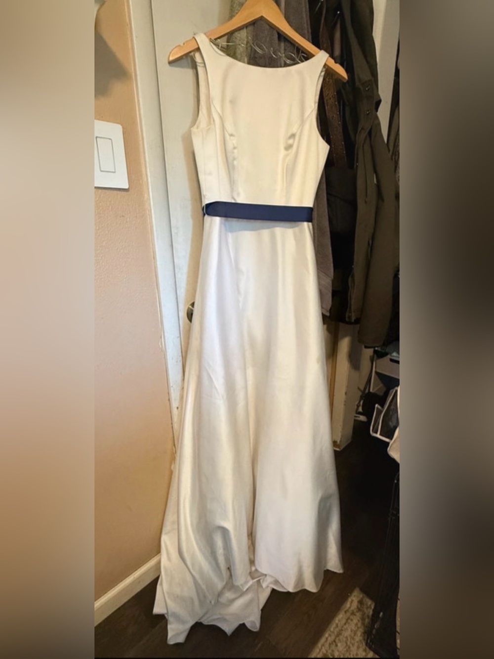 David's Bridal Ivory A-Line Satin Dress with Navy Waistband